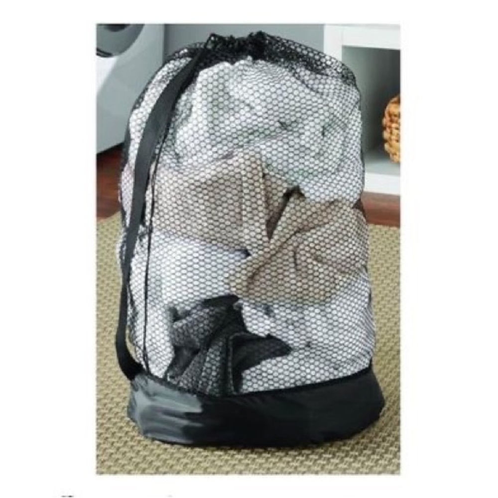 Heavy duty black mesh laundry bag with carry straps